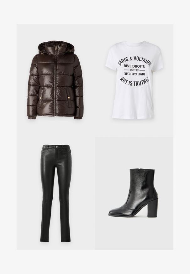 MICHAEL Michael Kors ULTRA LIGHTWEIGHT PUFFER - Jachetă de iarnă - chocolate; Tricou alb din bumbac cu text negru îndrăzneț, reprezentând numele brandului, locația, anul înființării și sloganul, aranjate într-un format circular. Guler rotund.; Pantaloni din piele neagră cu un design ajustat, textură netedă, talie medie și detalii de cusătură subtile. Au buzunare frontale și buton metalic.; Botină din piele neagră, cu o textură netedă, vârf ascuțit și toc gros, înalt. Dispune de o deschidere laterală și un design minimalist.