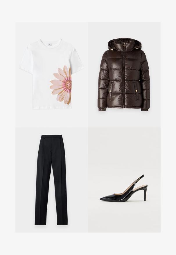 MICHAEL Michael Kors ULTRA LIGHTWEIGHT PUFFER - Ziemas jaka - chocolate; Balta kokvilnas T-kreklā ar lielu rozā un zelta ziedu grafiku kreisajā pusē. Īsas piedurknes un apaļa kakla izgriezuma forma.; Melnas bikses, izgatavotas no gludas auduma, ar augstu vidukli, platiem bikšu galdniekiem, priekšējiem krokām un klasiskām jostu cilpām. Sānu kabatas nav redzamas.; Melnas lakotās ādas slingback kurpes ar izteiktu degunu, šauru papēdi un smalku izgriezumu dizainu. Siksniņai ir zelta sprādze.