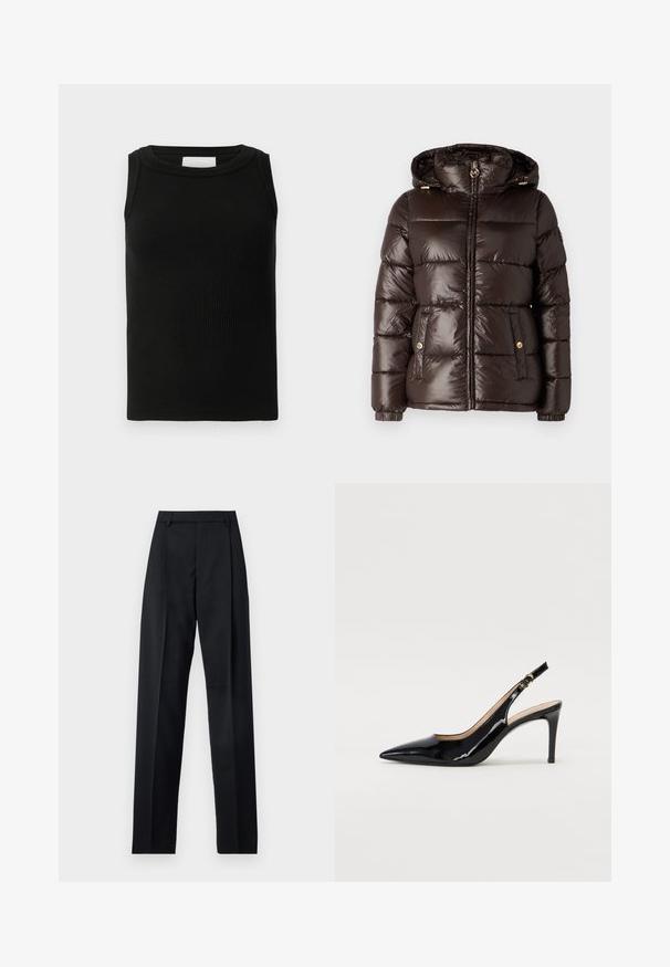 MICHAEL Michael Kors ULTRA LIGHTWEIGHT PUFFER - Vinterjacka - chocolate; Svart ribbad linne i ett mjukt material, med rund halsringning och ärmlös design. Enkel och mångsidig form.; Svarta byxor i mjukt tyg med hög midja, vida ben, framfickor och klassiska bältesöglor. Inga sidofickor synliga.; Svart patenterat läder slingback pumps med spetsig tå, smal klack och en subtil utskärning. Har en guldbuckle på remmen.