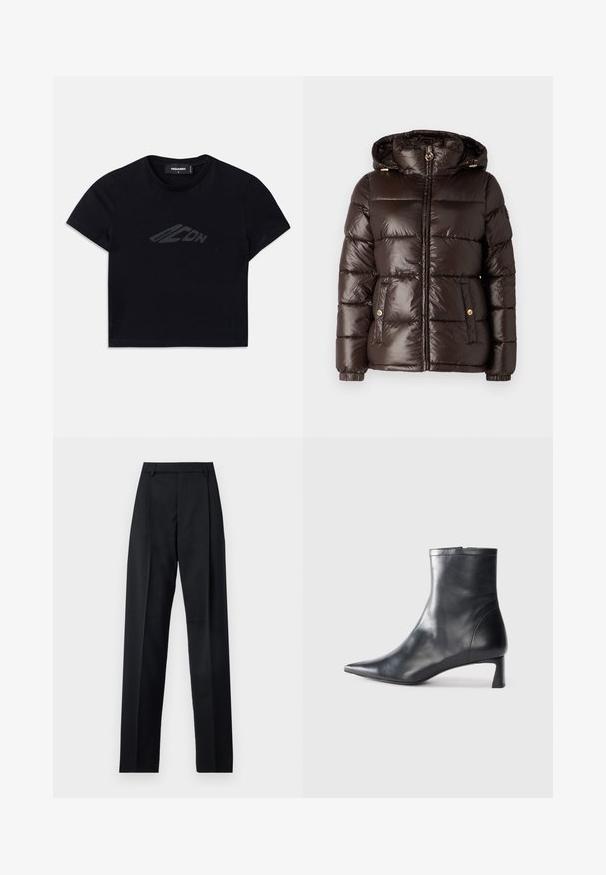 MICHAEL Michael Kors ULTRA LIGHTWEIGHT PUFFER - Vinterjakker - chocolate; Sort cropped t-shirt lavet af bomuld, med et diskret mørkt logo design på forsiden. Korte ærmer og rund hals.; Sorte bukser lavet af glat stof, der har høj talje, brede ben, frontfolder og klassiske bælteløkker. Ingen synlige sidelommer.; Sort læder ankelstøvle med spids tå og et strømlinet design. Har en lav hæl og en lynlås lukning bagpå. Glat tekstur.