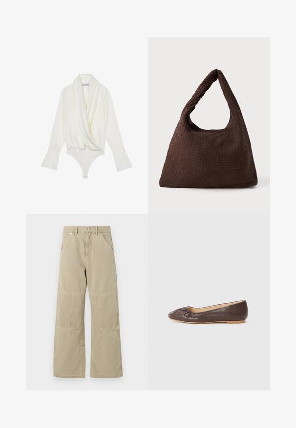 Beige verkürzte Jacke aus strukturiertem Stoff, mit rundem Ausschnitt, einem einzigen Knopfverschluss und weiten Ärmeln.; Weißer Langarm-Bodysuit mit drapiertem Frontteil, taillierter Passform, ausladenden Manschetten und Druckknopfverschluss am unteren Ende. Hergestellt aus glattem Stoff.; Beige gerade geschnittene Hose mit verstärkten Knieflicken, Vorder- und Gesäßtaschen, Gürtelschlaufen und Knopfverschluss am Bauch.; Braune Leder-Balletschuhe mit einer runden Zehenform, Raffung im vorderen Bereich und einer flachen, hellen Sohle.; Braune, gewebte Tasche mit einer lässigen Form, einem einzelnen Henkel und einer strukturierten Oberfläche. Das Design weist einen Hobo-Stil auf, ohne zusätzliches Zubehör.