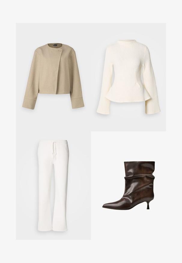 Bližna jakna v bež barvi iz teksturirane tkanine, s krojem z okroglo ovratnico, z enim gumbom za zapiranje in širokimi rokavi.; Kermanneule paita, jossa on korkea kaulus, pitkät liehuvat hihat ja peplum-helma. Rakenne tuo visuaalista kiinnostavuutta.; Valkoiset, rento-fittiset collegehousut pehmeästä kankaasta, jossa on joustava vyötärönauha ja nyöri sekä suora lahjemuoto.; Tummanruskea polvenkorkuinen nahkabootsi, jossa on terävä kärki, löysä varsi ja kapea matala kitten-korko.