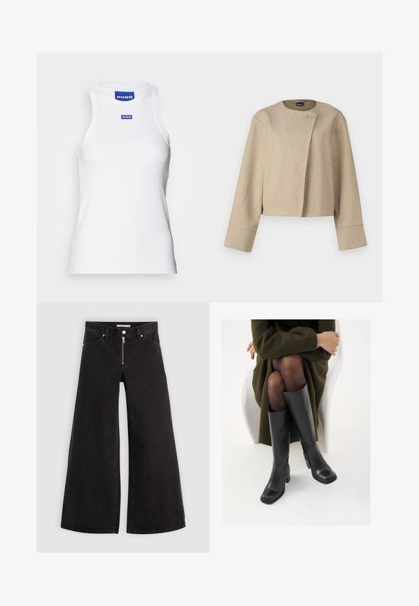 Beige, texturált anyagból készült, cropped dzseki, kerek nyakkivágással, egy gombbal való záródással és széles ujjal.; Fehér, ujjatlan trikó ribbelt anyagból, kerek nyakkivágással, kék "HUGO" címkével a gallér közelében. Sima felület.; Fekete denim széles szárú farmer, cipzáros elejével, öt zsebes kialakítással és diszkrét varrással. Sima textúra és laza stílus.; Térdfelett érő fekete bőr csizmák négyzet alakú orral és tömbtalppal, olajzöld kabátban ülő modellel bemutatva. Simaság, minimalista részletezés.