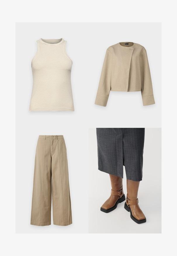Krémová zkrácená bunda vyrobená z texturované látky, s kulatým výstřihem, zapínáním na jeden knoflík a širokými rukávy.; Top bez rukávů s vysokým límcem, vyrobený z texturované látky s tenkými horizontálními béžovými a bílými pruhy. Úzký střih, bez viditelného kovového zapínání.; Světle béžové kalhoty s širokými nohavicemi vyrobené z pevné bavlny, s knoflíkovým zapínáním, poutky na opasek a hladkým předním skladem bez viditelných kapes.; Hnědé kožené vysoké boty po kolena se čtveratou špičkou, černou gumovou podrážkou a nastavitelným řemínkem s přezkou. Nosené s šedou sukní s jemnými pruhy.