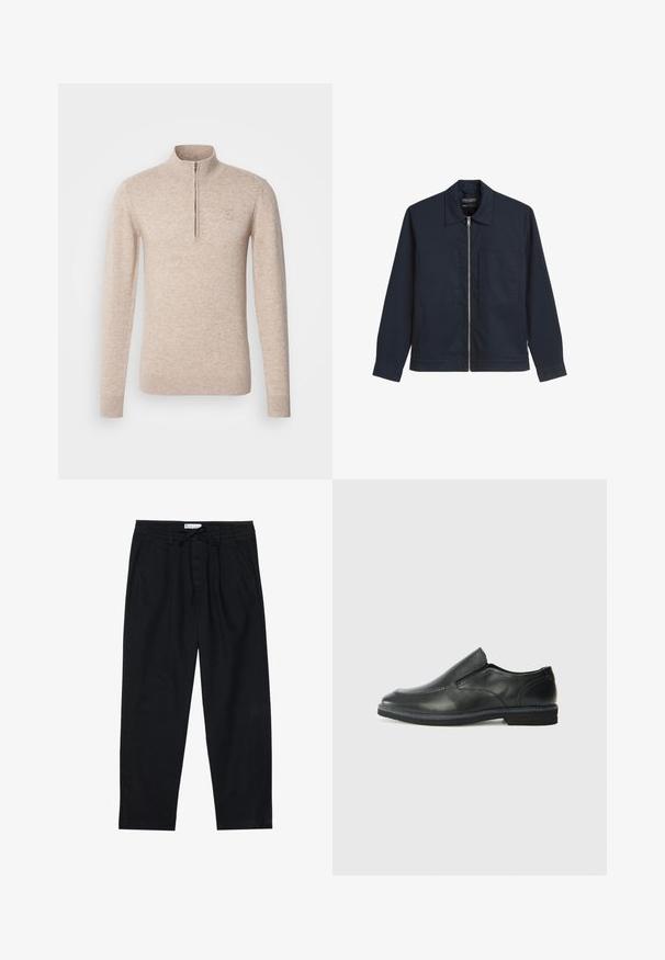 Navy zip-up jacket in a smooth fabric, featuring a pointed collar, two front patch pockets, and long sleeves with buttoned cuffs.; INDICODE JEANS Jumper - beige mix; Pier One Chinos - black; Black leather slip-on shoe with a smooth upper, stitched accents, rounded toe, and a low rubber heel. Sole features minimal tread.