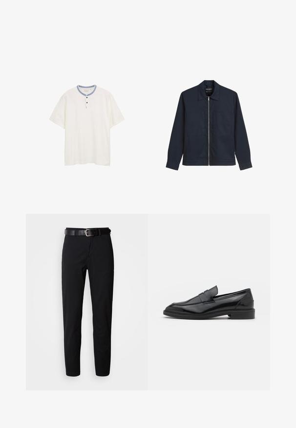 Giacca zip-up blu navy in tessuto liscio, con colletto a punta, due tasche frontali applicate e maniche lunghe con polsini abbottonati.; Camicia bianca a maniche corte con scollo rotondo, rifiniture blu e pattina con tre bottoni. Tessuto testurizzato con un sottile motivo orizzontale.; Pantaloni neri a gamba dritta, con una texture morbida e una cintura in pelle nera con una fibbia argentata. Design semplice, senza motivi o accenti.; Mocassini in pelle nera con finitura liscia, caratterizzati da una punta tonda e una fascia stretta sulla parte superiore. Tacco basso impilato.