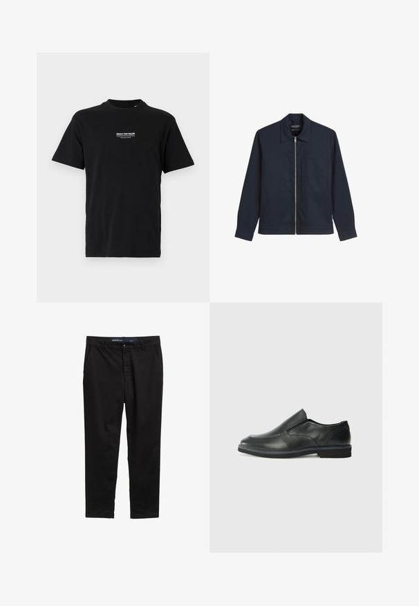 Marineblauwe ritsjack van een gladde stof, met een spitse kraag, twee voorzakken met klep en lange mouwen met knopen aan de manchetten.; Zwart katoenen t-shirt met ronde hals, korte mouwen en een klein wit bedrukte logo op de linkerborst. Eenvoudige snit, geen extra patronen.; Zwarte chino's gemaakt van een katoenmix. Heeft een rechte pijpdesign, twee zijzakken en een metalen knoopsluiting in de taille.; Zwarte leren instapper met een soepele bovenkant, gestikte accenten, ronde neus en een lage rubberen hak. De zool heeft minimale profiel.