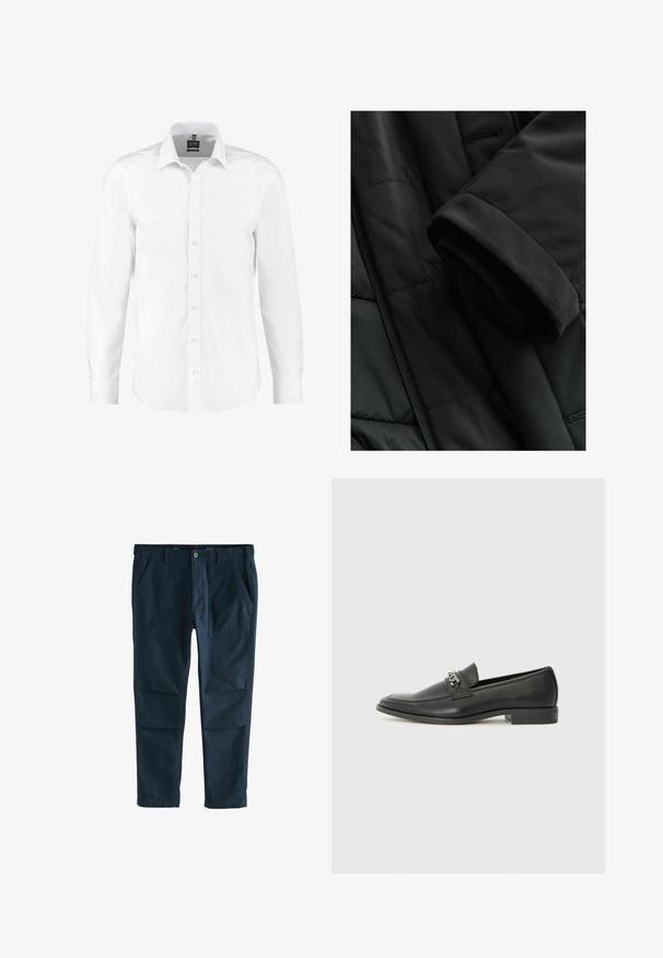 Zwarte geïsoleerde jas met een gladde buitenkant, geribde manchetten en strak design. Voorzien van een gewatteerde textuur en verborgen zakken.; Witte langearmige shirt gemaakt van gladde stof, met een klassieke kraag, knopen aan de voorkant en manchetten met enkele knopen. Geen patronen of accenten.; Marineblauwe katoenen broek met een normale pasvorm, voorzien van twee zijzakken en opvallende details op het voorpaneel. Glad textuur, rechte pijpen.; Zwarte leren instapper met een gladde afwerking, voorzien van een gestikt ontwerp en een decoratieve metalen kettingaccent over de wreef. Platte hak.