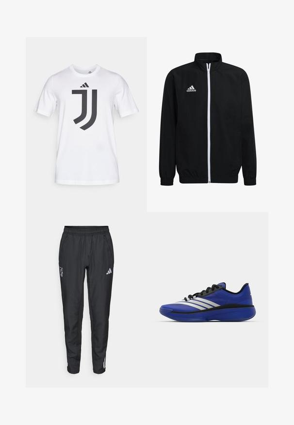 Svart zip-up jacka med ståkrage, vit dragkedja, elastiska ärmslut och fåll. Har Adidas-logotyp på vänster bröst. Slät tygstruktur.; Vit bomull t-shirt med korta ärmar som har en stor svart Juventus-logotypdesign framtill. Rund halsringning, standard passform.; adidas Performance LIVERPOOL FC 25/26 EUROPEAN PRESENTATION PANTS - Klubbkläder - black; adidas Performance ADIZERO SELECT 3.0 - Basketsko - lucid blue/core black/metallic