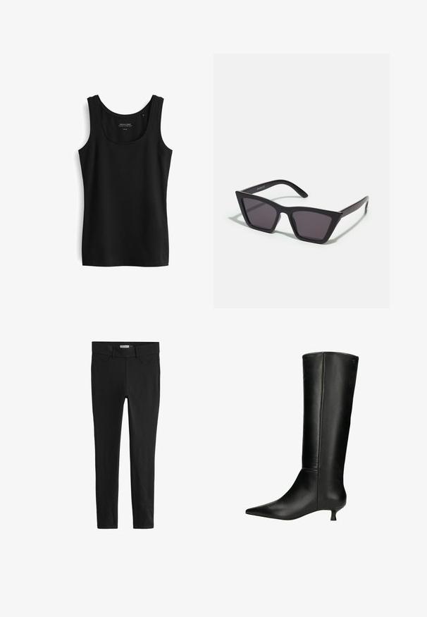 Cremfarbener Wollwrap, offenes Vorderteil, ohne Verschlüsse. Weiche Textur, drapiertes Design und weite Ärmel mit abgerundeten Kanten. Minimalistischer Stil.; Schwarzes ärmelloses Tanktop mit rundem Ausschnitt. Hergestellt aus glattem Stoff mit einem schlichten Design und ohne sichtbare Muster oder Verzierungen.; Schwarze Leggings aus dehnbarem Stoff mit einem figurbetonten Design. Verfügt über einen klassischen Bund und Fronttaschen, glatte Textur und keine Muster.; Schwarze knielange Stiefel aus glattem Leder, mit einer spitzen Zehe und einem niedrigen Kittenheel. Elegantes, enges Design mit minimaler Detailgestaltung.; Schwarze, eckige Sonnenbrille mit grauen Gläsern; aus Kunststoff gefertigt, mit dicken Bügeln, die eine glatte Oberfläche und keine sichtbaren Beschläge haben.