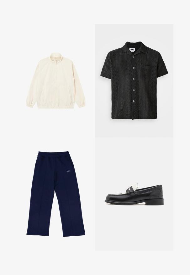 Leichte, cremefarbene Zip-Jacke mit elastischen Bündchen und Saum, zwei seitlichen Taschen und einem dezenten strukturierten Muster.; Schwarzes Kurzarm-Crochet-Shirt mit lockerem Schnitt, Knopfleiste auf der Vorderseite, einer Brusttasche und strukturiertem offenen Muster.; Marineblaue Sweatpants mit einem elastischen Bund, ausgestattet mit seitlichen Nähten und einem kleinen weißen Logo auf dem oberen linken Oberschenkel. Aus weichem Baumwollmaterial.; Clarks CRAFTJAMES LO - Business-Slipper - black