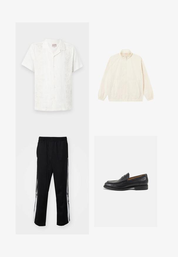 Ľahká krémová bunda na zips s elastickými manžetami a lemom, dvoma bočnými vreckami a jemným textúrovaným vzorom po celom povrchu.; Biela krátkorpová košeľa na gombíky vyrobená z ľanu s kvetinovou výšivkou pozdĺž ľavej strany, s kempovým golierom a voľným strihom.; Čierne športové nohavice vyrobené z hladkej tkaniny, s bielymi bočnými prúžkami a elastickým pásom pre pohodlie. Bez nápadných detailov alebo vzorov.; Čierne kožené mokasíny s hladkým povrchom, zaoblenou špičkou a dekoratívnym prešívaním na prednej časti. Nízky kokteilový opätok a jemný lesk.