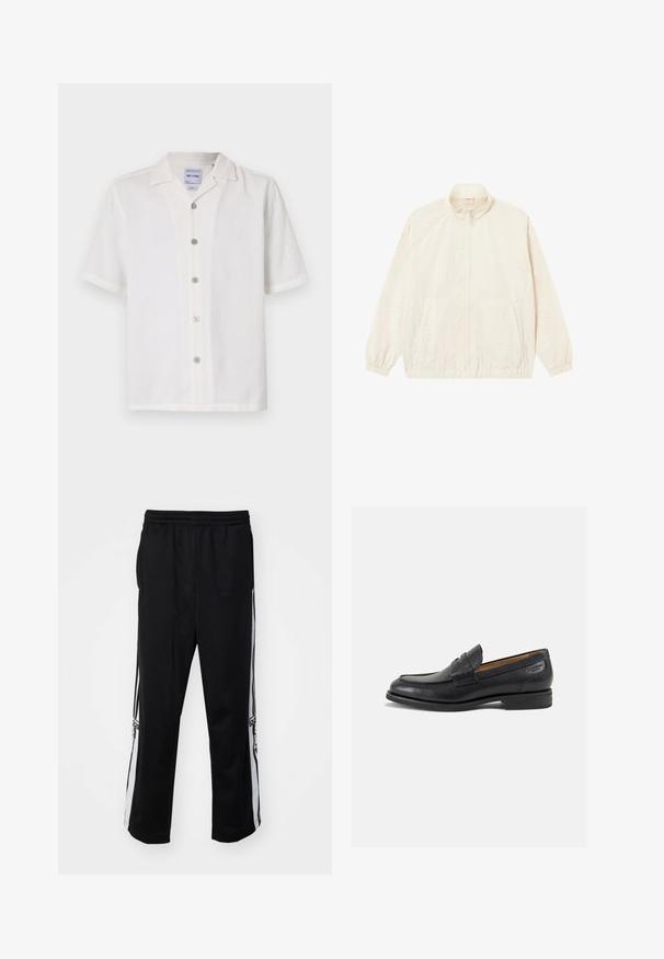 Letvægts cremet zip-up jakke med elastiske manchetter og kant, to sidelommer og et subtilt struktureret mønster overalt.; Hvid kortærmet skjorte med struktureret stof, klapkrave og seks frontknapper. Har et rent, enkelt design.; Sorte atletiske bukser lavet af glat stof, med hvide sideløse striber og et elastisk liv for komfort. Ingen bemærkelsesværdige detaljer eller mønstre.; Sorte læder loafers med en glat finish, rund tå og dekorativ syning på vampen. Lav stablet hæl og let glans.
