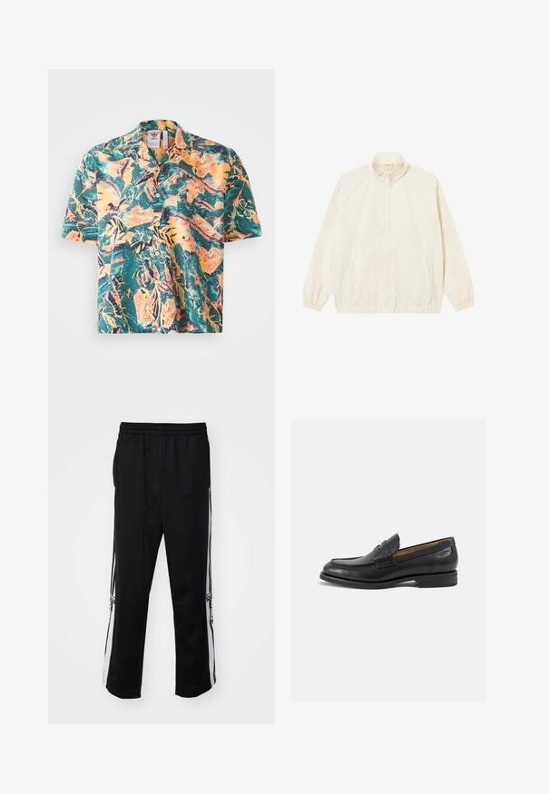 Lekka, kremowa kurtka na zamek z elastycznymi mankietami i dolnym końcem, dwoma bocznymi kieszeniami oraz subtelnym, teksturowanym wzorem na całej powierzchni.; Koszula krótki rękaw w żywym tropikalnym wzorze z zielonymi, pomarańczowymi i żółtymi akcentami. Klasyczny kołnierzyk z zapięciem na guziki i luźny krój.; Czarna koszulka polo wykonana z bawełny, z klasycznym kołnierzykiem, krótkimi rękawami i subtelnym, ciemnym logo na piersi. Gładka faktura.; Czarne spodnie sportowe z gładkiego materiału, z białymi paskami po bokach i elastycznym pasem dla większego komfortu. Brak wyraźnych detali lub wzorów.; Czarne skórzane mokasyny o gładkim wykończeniu, zaokrąglonym nosku i dekoracyjnym przeszyciu na cholewce. Niski, warstwowy obcas i delikatny połysk.