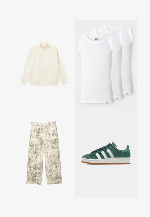 Leichte, cremefarbene Zip-Jacke mit elastischen Bündchen und Saum, zwei seitlichen Taschen und einem dezenten strukturierten Muster.; Drei weiße Tanktops aus geripptem Baumwollstoff. Jedes hat einen runden Halsausschnitt und ein kleines Logotag am Saum. Klassisches, einfaches Design.; Lässige Cargo-Hosen mit einem beigen, grünen und braunen Spritzer-Camouflage-Muster und Klappentaschen auf den Oberschenkeln.; Grüne Wildleder-Sneaker mit weißen Lederstreifen, Gummisohle, gepolsterter Kragen und minimalistischem Design. Mit Branding an der Seite.