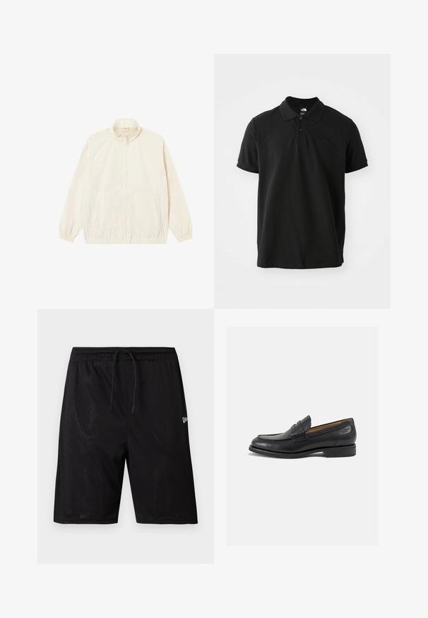 Kerge, kreemivärvi kahelt poolt lukuga jakk, millel on elastsed mansetid ja allääre, kaks külgtaskut ning õrn struktuurne muster üle kogu pinna.; Must mustärkne polo-särk, mis on valmistatud puuvillast, klassikalise krae, lühikeste varrukate ja rindkeres diskreetse tume logoga. Sile tekstuur.; Mustad musta võrguga spordilühiärg, millel on tõmbluku jaoturiga vöökoht, auguline tekstuur ja väike valge logo paremas alanurgas.; Mustad mustad nahast loafers, sujuva viimistlusega, ümar sirge ja dekoratiivne tikand peal. Madal ja kergelt kuhjatud konts ning kerge läige.