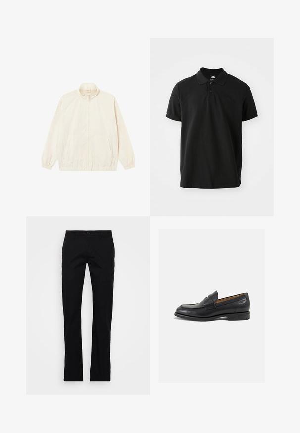 Kevyt, kerma värinen vetoketjullinen takki, jossa on joustavat hihansuut ja helma, kaksi sivutaskua sekä hienovarainen teksturoitu kuosi koko takin pinnalla.; Musta poolopaita, joka on valmistettu puuvillasta. Paidassa on klassinen kaulus, lyhyet hihat ja huomaamaton, tumma logo rinnassa. Sujuva pinta.; Mustat suorat housut puuvillakankaasta, joissa on napitus, vyölenkit ja yksinkertainen muotoilu ilman lisämalleja tai varusteita.; Mustat nahkaloaferit, joissa on sileä pinta, pyöreä varvas ja koristeompeleet varpaansuojassa. Matala pinottu korko ja hieno kiilto.