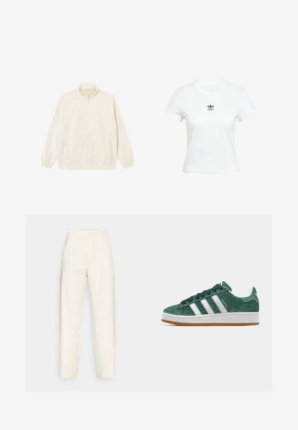 Lätt, krämfärgad zip-jacka med elastiska mudd och nederkant, två sidofickor och ett subtilt texturerat mönster över hela plagget.; Vit bomullströja med korta ärmar och rundad halsringning. Har en svart Adidas-logga tryckt på bröstet. Enkel, minimal design.; Krämfärgade, högmidjade byxor med skräddarsydd passform, som har framfållar och en slät yta. Rak benform och ingen synlig hårdvara.; Gröna mockaskor med vita läderränder, gummisula, vadderad krage och minimalistisk design. Har varumärke på sidan.