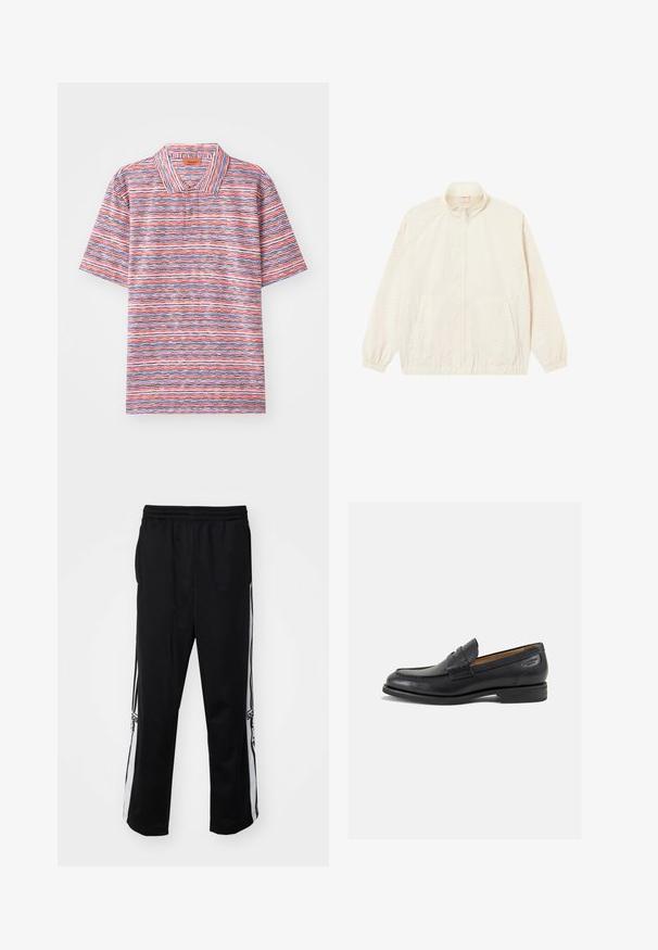 Lehká krémová bunda na zip s elastickými manžetami a spodním lemem, dvěma bočními kapsami a jemným texturovaným vzorem po celém povrchu.; Polo tričko s krátkým rukávem s texturovaným pruhovaným vzorem v růžové, modré a krémové barvě, s límečkem a dvoubarevným zapínáním.; Černé sportovní kalhoty z hladkého materiálu, s bílými bočními pruhy a elastickým pasem pro pohodlí. Bez výrazných detailů nebo vzorů.; Černé kožené mokasíny s hladkým povrchem, zaoblenou špičkou a dekorativním prošíváním na svršku. Nízký podpatka a mírný lesk.