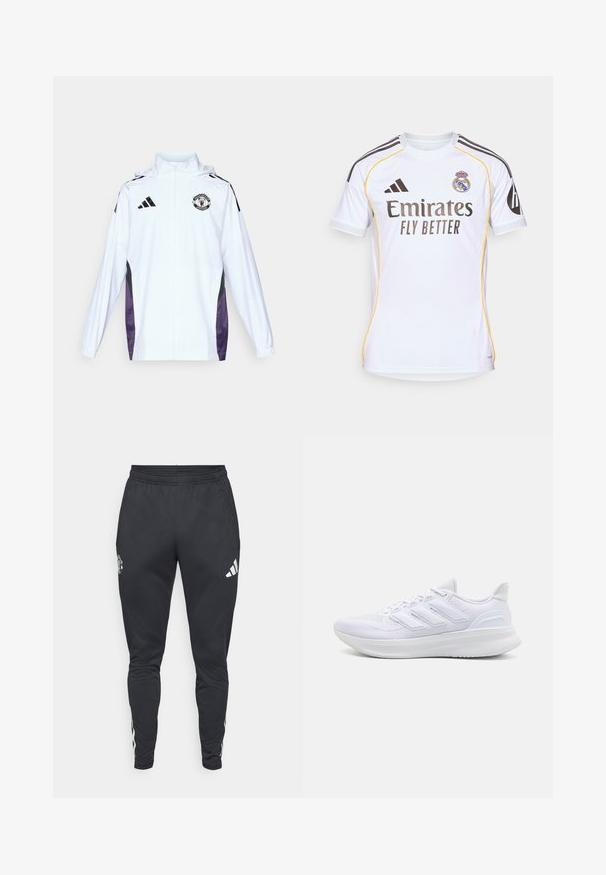Veste blanche zippée avec des panneaux latéraux noirs et violets. Équipée du logo Adidas et du blason de Manchester United sur la poitrine. Matériau léger.; Maillot de football blanc en tissu léger, avec des accents jaunes, des rayures noires sur les épaules et le logo de l'équipe sur la poitrine.; Jogging noir en matière athlétique avec taille élastique, poches latérales zippées et rayures blanches Adidas sur les côtés. Présente un logo sur la cuisse.; Chaussures de sport blanches avec un dessus en mesh texturé, une semelle rembourrée et un design à trois bandes sur le côté.