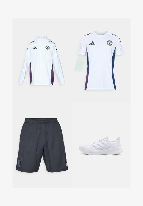 Veste blanche zippée avec des panneaux latéraux noirs et violets. Équipée du logo Adidas et du blason de Manchester United sur la poitrine. Matériau léger.; Maillot de sport blanc avec des rayures noires Adidas, logo de Manchester United sur la poitrine, accents dégradés bleu-violet sur les côtés, fabriqué en matériau léger.; Shorts de sport noirs en matériau respirant, dotés d'une taille élastique, de rayures blanches sur les côtés et d'un logo de Manchester United.; Chaussures de sport blanches avec un dessus en mesh texturé, une semelle rembourrée et un design à trois bandes sur le côté.