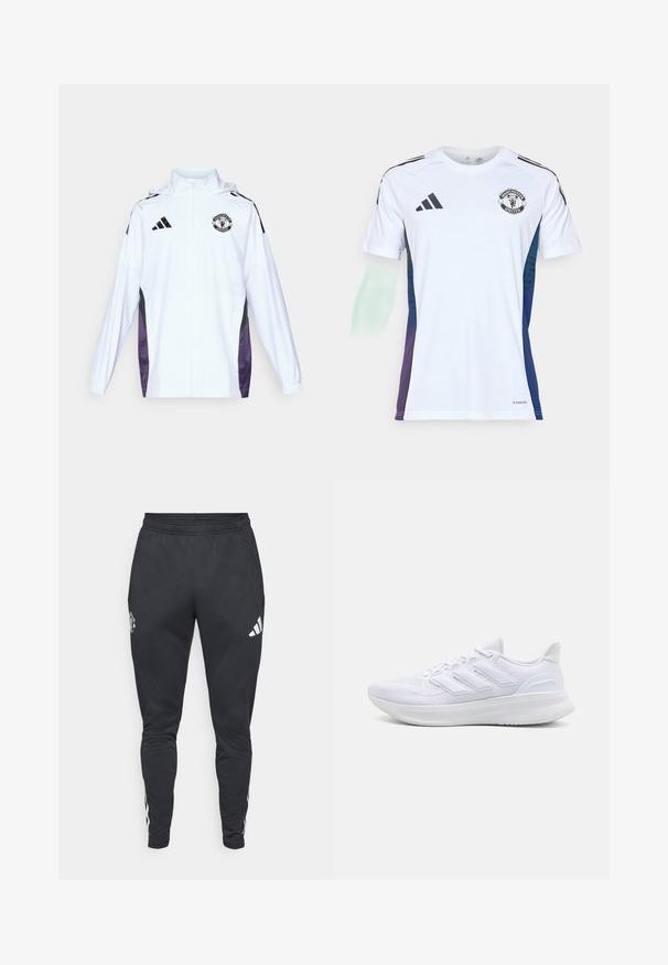 Veste blanche zippée avec des panneaux latéraux noirs et violets. Équipée du logo Adidas et du blason de Manchester United sur la poitrine. Matériau léger.; Maillot de sport blanc avec des rayures noires Adidas, logo de Manchester United sur la poitrine, accents dégradés bleu-violet sur les côtés, fabriqué en matériau léger.; Jogging noir en matière athlétique avec taille élastique, poches latérales zippées et rayures blanches Adidas sur les côtés. Présente un logo sur la cuisse.; Chaussures de sport blanches avec un dessus en mesh texturé, une semelle rembourrée et un design à trois bandes sur le côté.