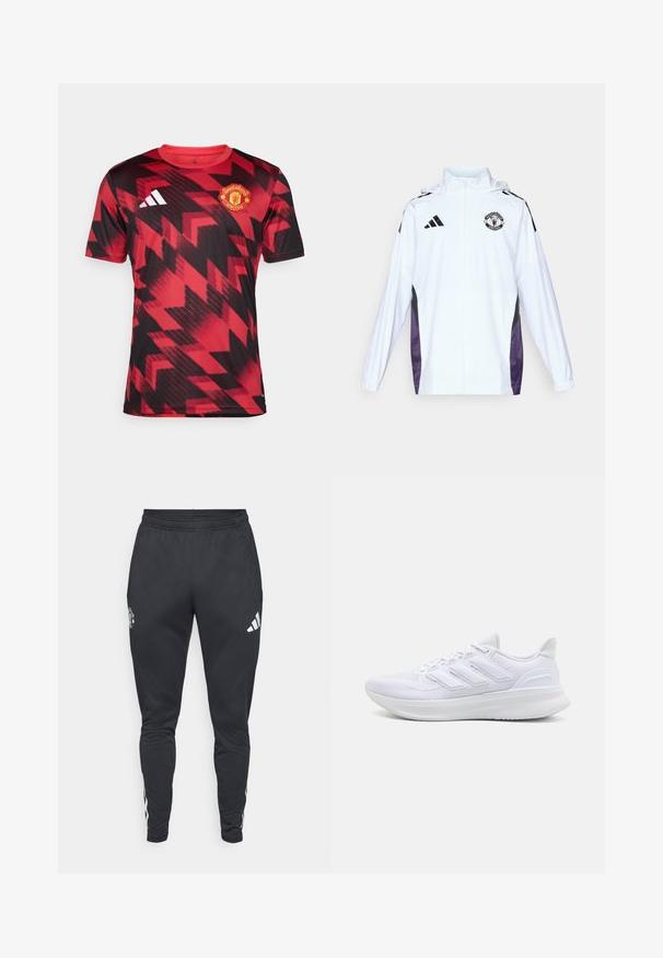 Weiße Zip-up-Jacke mit schwarzen und lila Seitenpaneelen. Mit Adidas-Logo und Manchester United-Wappen auf der Brust. Leichtes Material.; Rotes und schwarzes Manchester United-Trikot mit einem geometrischen Muster, kurzen Ärmeln, Rundhalsausschnitt und gesticktem Vereinslogo auf der Brust.; Schwarze sportliche Jogginghosen mit elastischem Bund, seitlichen Reißverschlusstaschen und weißen Adidas-Streifen an den Seiten. Mit einem Logo auf dem Oberschenkel.; Weiße Sportschuhe mit einem strukturierten Mesh-Obermaterial, einer stützenden gepolsterten Sohle und einem drei Streifen-Design an der Seite.