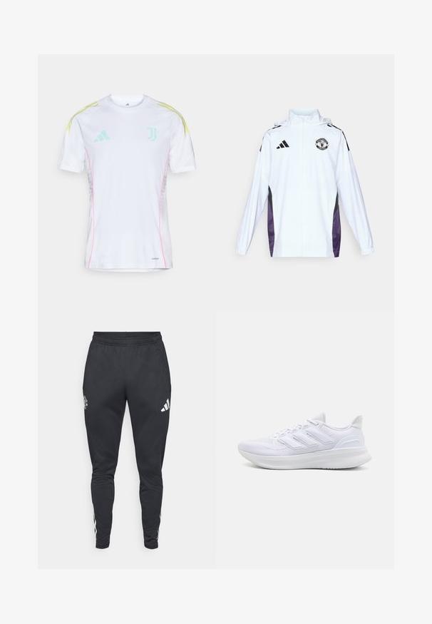 Veste blanche zippée avec des panneaux latéraux noirs et violets. Équipée du logo Adidas et du blason de Manchester United sur la poitrine. Matériau léger.; Maillot blanc à manches courtes, avec des rayures bleu clair et jaune sur les épaules, des coutures latérales roses et un logo de la Juventus.; Jogging noir en matière athlétique avec taille élastique, poches latérales zippées et rayures blanches Adidas sur les côtés. Présente un logo sur la cuisse.; Chaussures de sport blanches avec un dessus en mesh texturé, une semelle rembourrée et un design à trois bandes sur le côté.