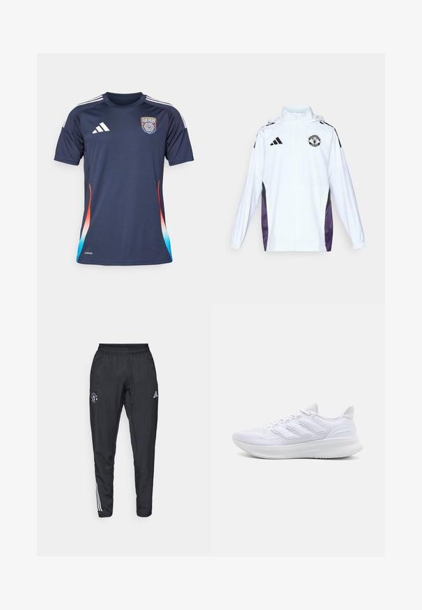 Chaqueta blanca con cremallera y paneles laterales en negro y púrpura. Presenta el logo de Adidas y el escudo del Manchester United en el pecho. Material ligero.; Camiseta atlética de color azul marino con mangas cortas, franjas blancas de Adidas y el logo de San Diego. Presenta un degradado de naranja a azul en los laterales.; Pantalones deportivos negros con cinturilla elástica, logo bordado en el muslo y rayas blancas que recorren los lados.; Zapatillas deportivas blancas con una parte superior de malla texturizada, suela acolchada y soporte, y un diseño de tres rayas en el lateral.