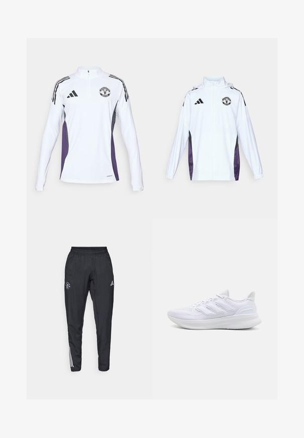 Chaqueta blanca con cremallera y paneles laterales en negro y púrpura. Presenta el logo de Adidas y el escudo del Manchester United en el pecho. Material ligero.; Camisa de entrenamiento blanca de manga larga con media cremallera, rayas negras, paneles laterales morados y un logo del Manchester United en el pecho.; Pantalones deportivos negros con cinturilla elástica, logo bordado en el muslo y rayas blancas que recorren los lados.; Zapatillas deportivas blancas con una parte superior de malla texturizada, suela acolchada y soporte, y un diseño de tres rayas en el lateral.