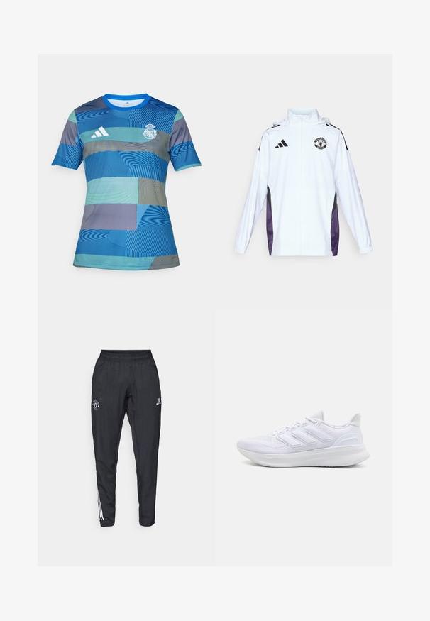 White zip-up jacket with black and purple side panels. Features Adidas logo and Manchester United crest on the chest. Lightweight material.; Blue football jersey featuring a geometric pattern in varying shades of blue and green, short sleeves, round neck, and Adidas logo.; Black athletic pants featuring an elastic waistband, embroidered logo on the thigh, and white stripes running down the sides.; White athletic shoes featuring a textured mesh upper, supportive cushioned sole, and three stripe design on the side.