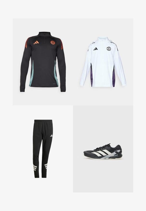 White zip-up jacket with black and purple side panels. Features Adidas logo and Manchester United crest on the chest. Lightweight material.; Black long-sleeve athletic top with a quarter zip, orange accents on shoulders, and teal side panels featuring a geometric pattern.; Black athletic pants with an elastic waistband, featuring reflective white accents in a striped pattern on the lower legs. Made from a smooth fabric.; Black athletic shoe with white stripes, mesh upper, rounded toe, and cushioned sole. Features a textured heel and secure lacing system.