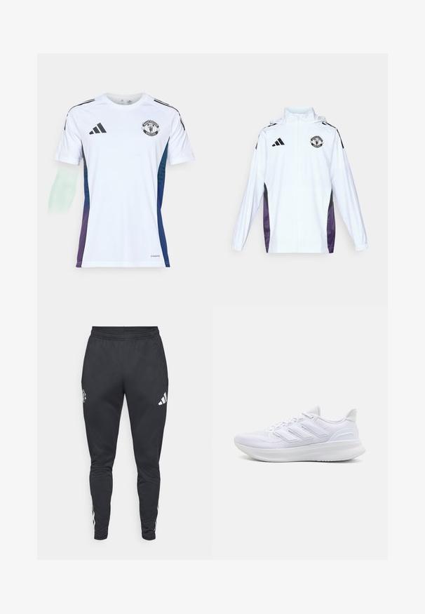 Balts zip-up jaciņš ar melnām un purpursarkanām sānu paneļiem. Uz krūtīm ir Adidas logo un Mančestras United emblema. Viegls materiāls.; Balds sporta krekls ar melnajām Adidas svītrām, Mančestras United logo uz krūtīm, zilgani-violetas gradienta akcenti sānos, izgatavots no viegla materiāla.; Melni sporta džinsi ar elastīgu jostasvietu, ar šķērsgriezuma kabatām ar rāvējslēdzēju un baltām Adidas svītrām gar sāniem. Ir logo uz augšstilba.; Baltas sporta apavu pāris ar teksturētu sietu augšdaļu, atbalstošu mīkstu zoli un trīs svītru dizainu sānos.