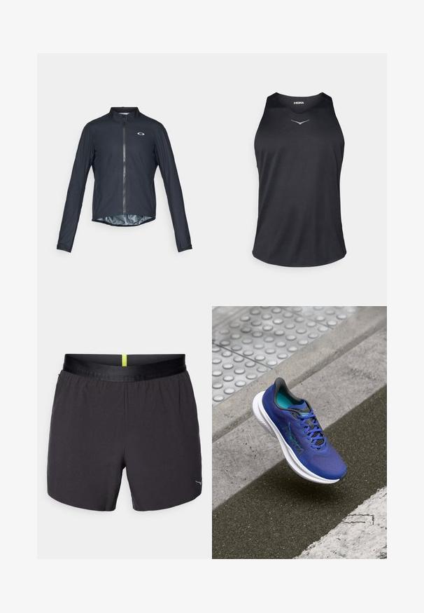 Juodas ilgomis rankovėmis dviratininkų džemperis, pagamintas iš lengvos medžiagos, su pilnu priekiu užtrauktuku ir atspindinčiu logotipu kairėje krūtinės pusėje.; Juodas be rankovių sportinis marškinėlis, pagamintas iš kvėpuojančios medžiagos, su apvaliu kaklo iškirpimu ir atspindinčiu logotipo akcentu ant krūtinės.; Juodi sportiniai šortai su lygiu paviršiumi, elastine juostele su geltonu akcentu ir mažu logotipu apatiniame dešiniajame pašone.; Mėlyna bėgimo batų pora su tekstūruotu paviršiumi ir tinklelio detalėmis, balta vidurine dalimi ir juodais akcentais. Raišteliais užsidaranti konstrukcija su ryškiu logotipu.