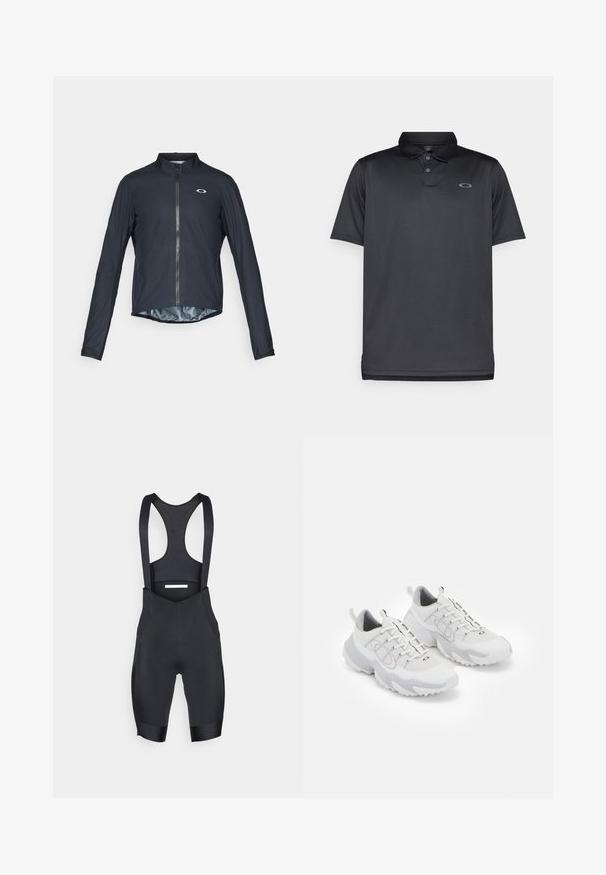 Must mustalane pikkade varrukatega jalgrattajakk, mis on valmistatud kerge kangaga. Jakk on varustatud täispika luku ja peegeldava logoga vasakul rinnaosas.; Must musta, mis on valmistatud siledast kangast, millel on krae, kolm nuppu, lühikesed varrukad ja väike hall logo vasaku rinna peal.; Mustad mustrid jalgrattapüksid venivast kangast, reguleeritavate rihmadega, võrguga seljaosaga ja polsterdatud istega mugavuse tagamiseks.; Valged spordijalatsid, millel on võrgust ülemine osa, hallid aktsendid, tekstuurne kummist talla ja tõmbenöörid kandis; sisaldavad paeltega sulgemist.