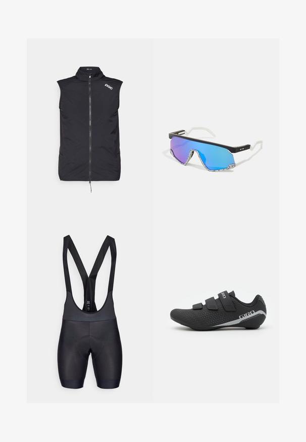 Veste de cyclisme noire à manches longues en tissu léger, dotée d'une fermeture éclair sur toute la longueur à l'avant et d'un logo réfléchissant sur la poitrine gauche.; POC PRO THERMAL VEST - Maillot de cycliste - uranium black; Shorts de cyclisme noirs en bretelles avec un tissu texturé, chamois rembourré pour le confort et bretelles réglables. Finition lisse et design ajusté.; Giro STYLUS - Chaussures de cyclisme - black; Lunettes de sport avec une monture noire, des accents blancs et des verres miroitants dégradés bleus. Branches texturées avec un motif blanc et noir.