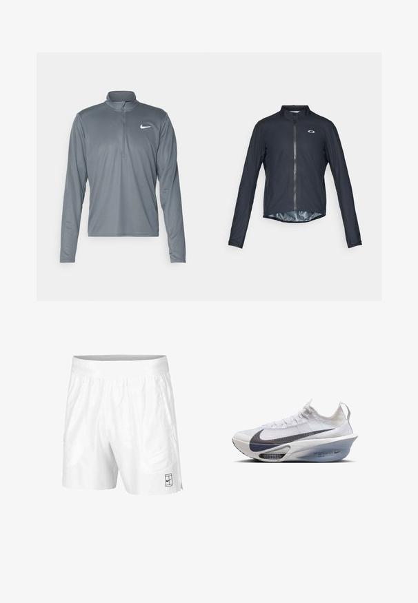 Črno kolo dolg rokav jakna iz lahkotnega materiala, z polnim sprednjim zadrgo in odbojnim logotipom na levi prsih.; Siva dolgih rokavov Nike performančna majica s četrt zadrgo. Narejena iz gladkega, lahkega materiala, z majhnim belim logotipom na prsih.; Bele športne kratke hlače iz lahkotnega materiala z elastičnim pasom, ki imajo dva stranska žepa in majhen črn logotip na robu.; Nike tekaške čevlje v beli tekstilni obliki z sivo ikono, aerodinamično obliko, prozorno srednjim podplatom in vidno zračnim oblazinjenjem.