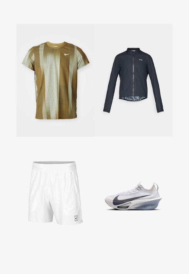 Svart langermet sykkeljakke laget av lett stoff, med full frontglidelås og reflekterende logo på venstre bryst.; Kortermet Nike T-skjorte i nyanser av brunt og kremfarge med vertikale striper og rutemønster. Har rund hals og subtil logo.; Hvite sportsshorts laget av lettvektstoff med elastisk midjebånd, med to sidelommer og en liten svart logo på kanten.; Nike løpesko i hvitt tekstil med en grå swoosh, en strømlinjeformet form, en transparent mellomsåle og synlig luftdemping.