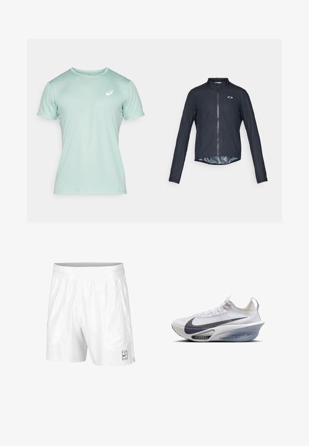 Čierna cyklistická bunda s dlhým rukávom vyrobená z ľahkého materiálu, s celým predným zipsom a reflexným logom na ľavom hrudníku.; ASICS CORE TOP - Športové tričko - light celadon; Biele športové šortky z ľahkej tkaniny s elastickým pásom, obsahujúce dve bočné vrecká a malé čierne logo na leme.; Biele bežecké tenisky Nike vyrobené z textilu so šedým swooshom, aerodynamický tvar, priehľadná medzipodrážka a viditeľné vzduchové odpruženie.