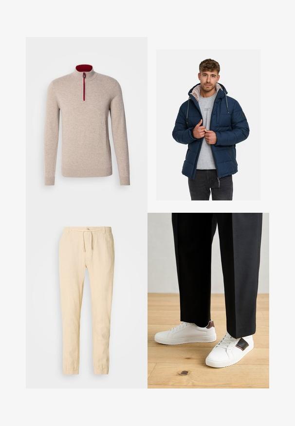 Laivasto sininen puffertakki, jossa on huppu, jossa on keinoturkki, vetoketjusuljenta ja etutaskut. Ominaisuuksiin kuuluu tikattu muotoilu ja kiristysnauhalliset säädöt.; Beige neulepaita, jossa on korkea kaulus ja lyhyt vetoketju. Vetoketjussa on punaisia yksityiskohtia ja se on sileä, pehmeästä materiaalista.; Vaaleanbeige pellavahousut, joissa on nyörivyö, kapenevat lahkeet ja joustavat hihnat. Yksinkertainen muotoilu, jossa on hienovarainen pinta.; Valkoiset tennarit, joissa on sileä pinta, ruskealla nahka-akentilla ja mustilla yksityiskohdilla, yhdistetty mustiin räätälöityihin housuihin. Taustalla puulattia.