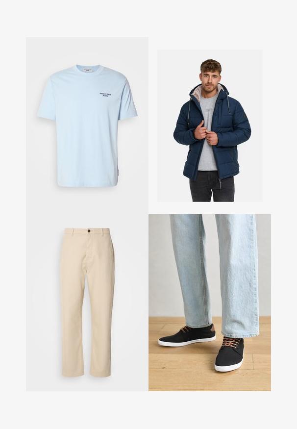 Chaqueta acolchada azul marino con capucha forrada de pelo sintético, cierre de cremallera y bolsillos frontales. Presenta un diseño acolchado y ajustes con cordón.; Camiseta de algodón de cuello redondo en azul claro, con mangas cortas y una pequeña impresión oscura que dice "MARC O'POLO DENIM" en el pecho.; Pantalones de algodón beige con piernas rectas, cierre de botón en la parte delantera, bolsillos laterales y una textura suave. Diseño minimalista, sin patrones visibles.; Zapatillas de lona negras con detalles marrones, suelas de goma blanca y cordones marrones, combinadas con jeans rectos de color azul claro. Fondo de suelo de madera.