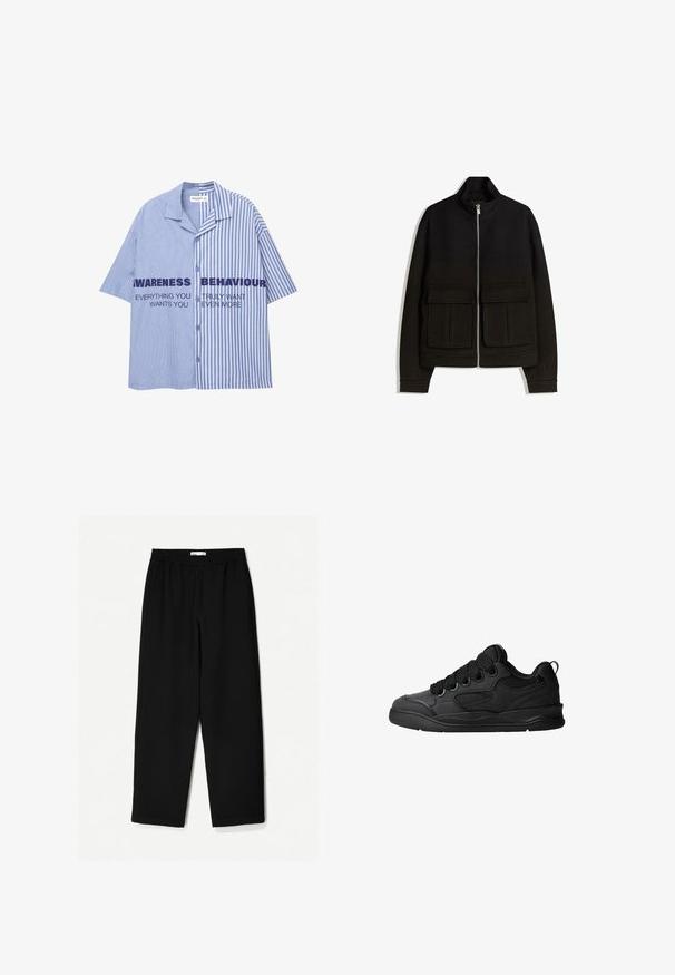 Sort fleecejakke med høj krave, fuld lynlås, to forreste påsyede lommer og ribbede manchetter. Glat tekstur med struktureret design.; Blå og hvidstribet kortærmet skjorte med knaplås, med fed tekst over brystet. 100% bomulds materiale, afslappet pasform.; Sorte, vidde ben bukser lavet af et let stof. Har en elastisk talje og en glat tekstur. Ingen synlige mønstre eller hardware.; Sorte sneakers med en struktureret overdel, som har snørebånd, meshdetaljer for åndbarhed, polstret krave og en robust ydersål.