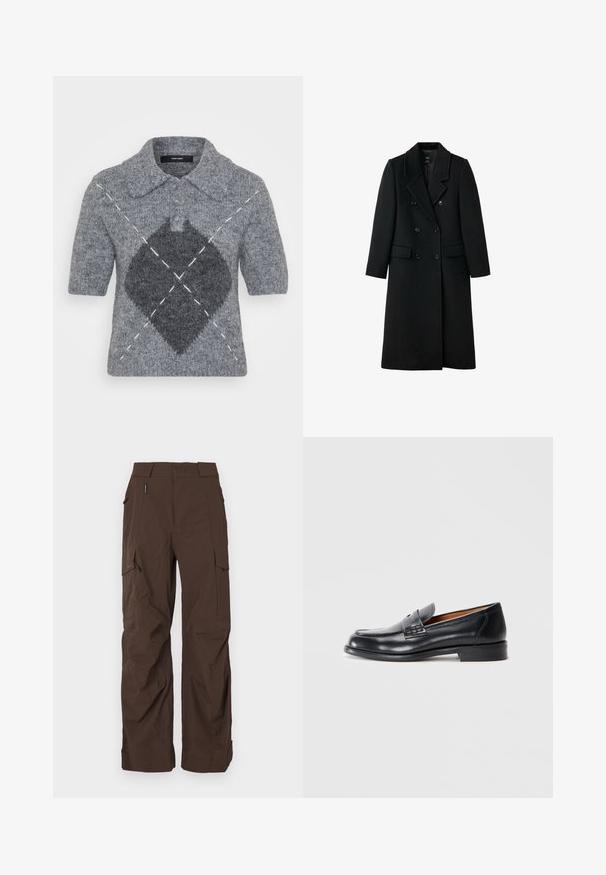 Svart, doublérad ullkappa med skräddarsydd design, slagkrage, två framfickor och knappstängning, med rak passform.; Svart v-ringad tröja i mjuk ullblandning, med långa ärmar och ribbade muddar och nederkant. Enkel, klassisk design utan mönster eller dekorationer.; Kortärmad polo-tröja i grå ull, med ett mörkgrått diamantmönster och vita sömnadsdetaljer. Klassisk krage med knappar.; Bruna cargobyxor med rak skärning, tillverkade av ett slitstarkt tyg. Har flera fickor och en säker midjedesign.; Svarta läderloafer med rund tå, sömdekor och en slät yta. Har låg klack och är lätt att ta på.
