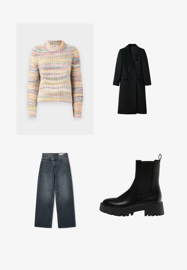 Black, double-breasted wool coat with a tailored design, notch lapels, two front pockets, and button closures, featuring a straight cut.; Multicolored knitted sweater with a ribbed texture, featuring a high neck, long sleeves, and alternating stripes in pastel hues.; Dark wash denim jeans with a wide-leg design, featuring a high waist, five pockets, and subtle whiskering on the front.; Black leather ankle boot with a textured side panel, rounded toe, and chunky platform sole featuring a zigzag tread pattern.