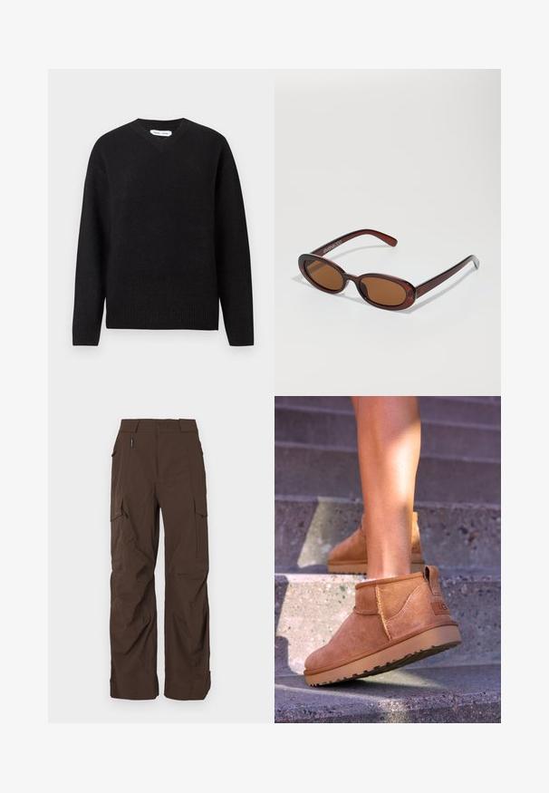 Zwarte, dubbelzijdige wollen jas met een tailored design, met revers, twee frontzakken en knoopsluitingen, met een rechte snit.; Zwarte v-hals trui van een zachte wolmix, met lange mouwen en geribbelde manchetten en onderrand. Eenvoudig, klassiek ontwerp zonder patronen of accenten.; Polo trui met korte mouwen in grijs wol, met een donkergrijs ruitpatroon en witte stiksels. Klassieke kraag met knopen.; Bruine cargobroek met een rechte snit, gemaakt van een duurzame stof. Bevat meerdere zakken en een veilige taillebandontwerp.; Tamme suède enkelboots met een zachte textuur, gestikte details en een rubberen zool, met een lusvormige hak voor gemakkelijk aan- en uittrekken.; Ronde, bruin getinte zonnebril met een glanzend bordeauxrood frame. Slanke pootjes met subtiele merkdetails. Vlakke lensontwerp.