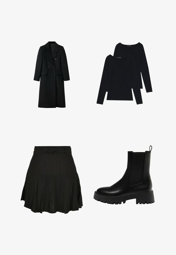 Sort, dobbeltradet uldfrakke med skræddersyet design, smalle klapper, to forlommer og knaplukninger, med en lige pasform.; To langeærmede sorte toppe i et blødt, ribbet stof med brede rund halsudskæringer, der har et enkelt design og en glat tekstur.; Sort nederdel med en flagrende design, der har en knyttet taljedetalje og letvægtsstof, som skaber bløde draperinger i kanten.; Sort læder ankelstøvle med en struktureret sidepanel, rund tå og kraftig platform sål med et zigzag-dækmønster.