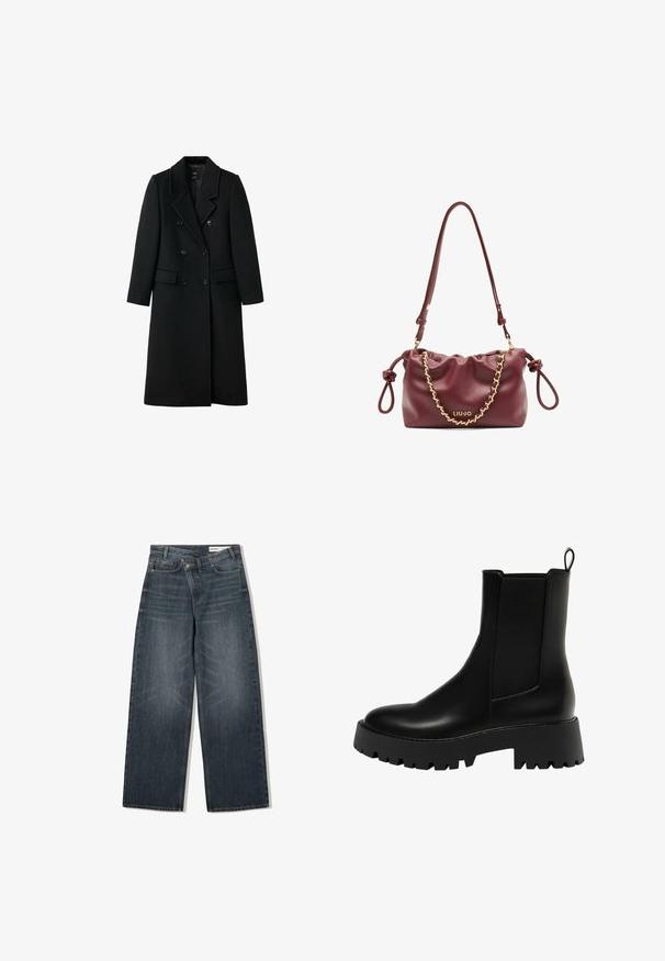 Czarny, dwurzędowy wełniany płaszcz o dopasowanym kroju, z klapami w kształcie litery notch, dwoma przednimi kieszeniami i zapięciem na guziki, charakteryzujący się prostym krojem.; Dwie czarne bluzki z długim rękawem w miękkim, prążkowanym materiale z szerokimi, okrągłymi dekoltami, charakteryzujące się prostym wzorem i gładką teksturą.; Jeans z ciemnego denimu o szerokim kroju, z wysokim stanem, pięcioma kieszeniami i subtelnym przetarciem z przodu.; Czarny skórzany botek za kostkę z fakturowaną boczną wstawką, zaokrąglonym noskiem i grubą platformą z bieżnikiem w zygzak.; Bordowa skórzana torebka z marszczonym wzorem, złotym akcentem w postaci łańcuszka, regulowanym paskiem oraz detalem z logo. Posiada wiązane uchwyty po bokach.