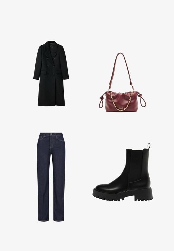 Črn volnen plašč z dvojno zapenjanjem in krojem po meri, z zareznimi reverji, dvema sprednjima žepoma in gumbi, ki se ponaša s pravim krojem.; Dva črna dolgoročna majica iz mehkega rebrastega blaga s širokimi okroglimi izrezi, ki značilno izstopajo s preprostim dizajnom in gladko teksturo.; Temno modri kavbojki z ravnim hlačnicami, opremljeni z vidnim šivom, sprednjo gumbno zapiranje in dvema stranskima žepoma.; Črne usnjene gležnjarje z teksturirano bočno ploščo, zaobljenim prstom in debelim ploščatim podplatom, ki ima cik-cak vzorec.; Burgundska usnjena torbica z nabranim dizajnom, z zlatim verižnim poudarjenjem, nastavljivim trakom in logotipom. Ima vozlane stranske ročaje.