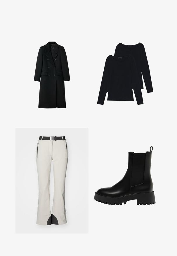 Čierny dvojradový vlnenný kabát s prispôsobeným strihom, s klopami, dvoma prednými vreckami a gombíkovým zapínaním, so priamej strihom.; Dvoje čiernych tričiek s dlhým rukávom z jemnej rebrovanej látky s širokými okrúhlymi výstrihmi, s jednoduchým dizajnom a hladkým povrchom.; Svetlo šedé snehové nohavice z textúrovanej látky, s čiernym pásom, bočnými zipsovými vreckami a čiernymi akcentmi na leme.; Čierna kožená členková bota s textúrovaným bočným panelom, zaoblenou špičkou a masívnou platformou s cikcak vzorom.