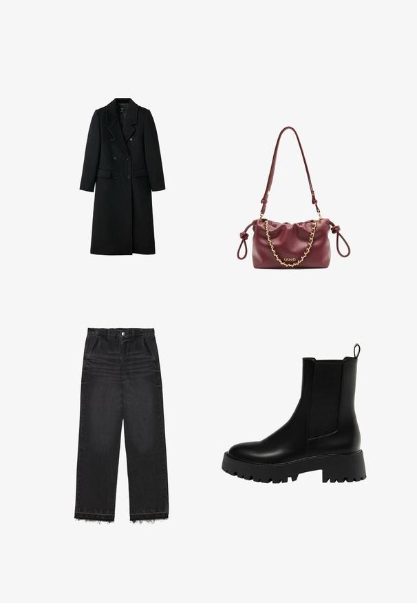 Musta, kaksirivinen villakangastakki, jossa on istuva muotoilu, hammastaskut, kaksi etutaskua ja napitus, ominaisuuksina suora leikkaus.; Kaksi pitkähiharaista mustaa puseroa pehmeästä, ribatusta kankaasta, joissa on leveä pyöreä pääntie. Yksinkertainen muotoilu ja sileä pinta.; Mustat farkut suoranlahkeisella muotoilulla. Korkea vyötärö, nyppyreunat ja hienovarainen kulunut tekstuuri kauttaaltaan. Edessä taskut.; Mustan nahkaisen nilkkurit, joissa on teksturoitu sivupaneeli, pyöreä kärki ja paksu pohja, jossa on sakaratalla.; Burgundin nahkalaukku, jossa on kokoontuva muotoilu, kultaketjuviimeistely, säädettävä hihna ja logoyksityiskohta. Sisältää solmittuja sivukahvoja.